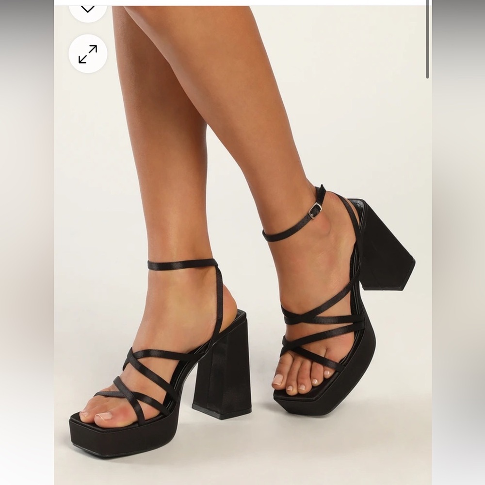 Lulus Kelsiey Black Satin Platform Ankle Strap Heels - W 6